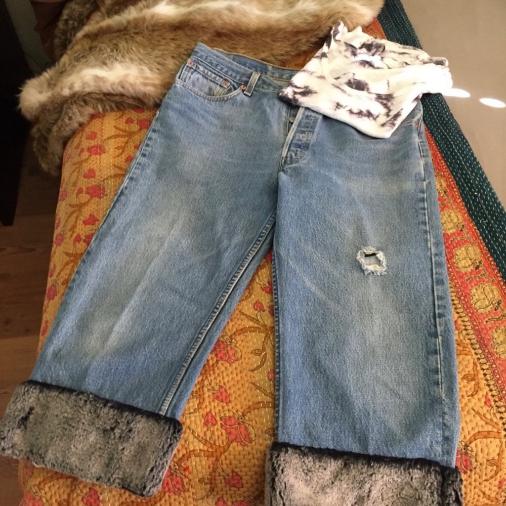 Vintage Upcycled Cropped Levi’s with Faux Fur Trim 32” Waist